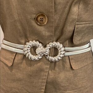 Vintage Silver Stretch Belt with Double Ring Buckle 80s Statement Waist Belt